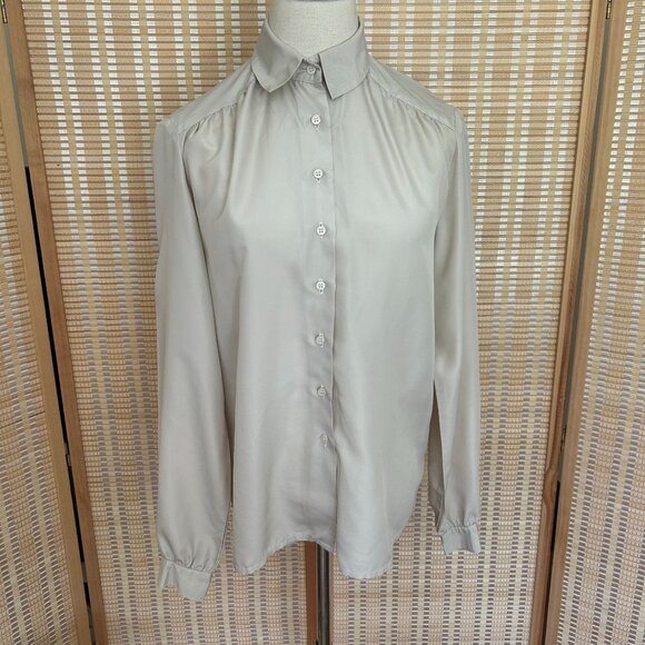 Vintage Beige Button-Up Long Sleeve Blouse - Picture 2 of 10